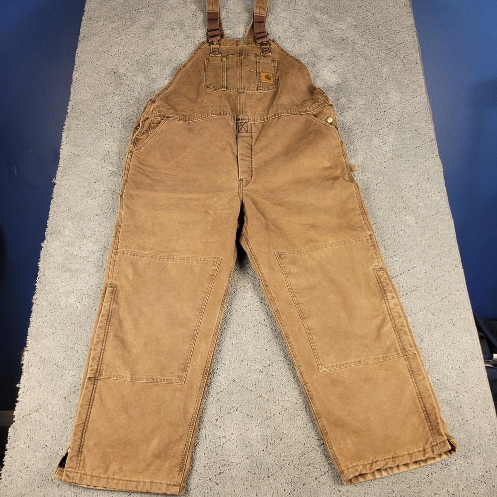 Carhartt Bib Overalls Mens 48x30 Brown Canvas Insulated Double Knee Made In USA